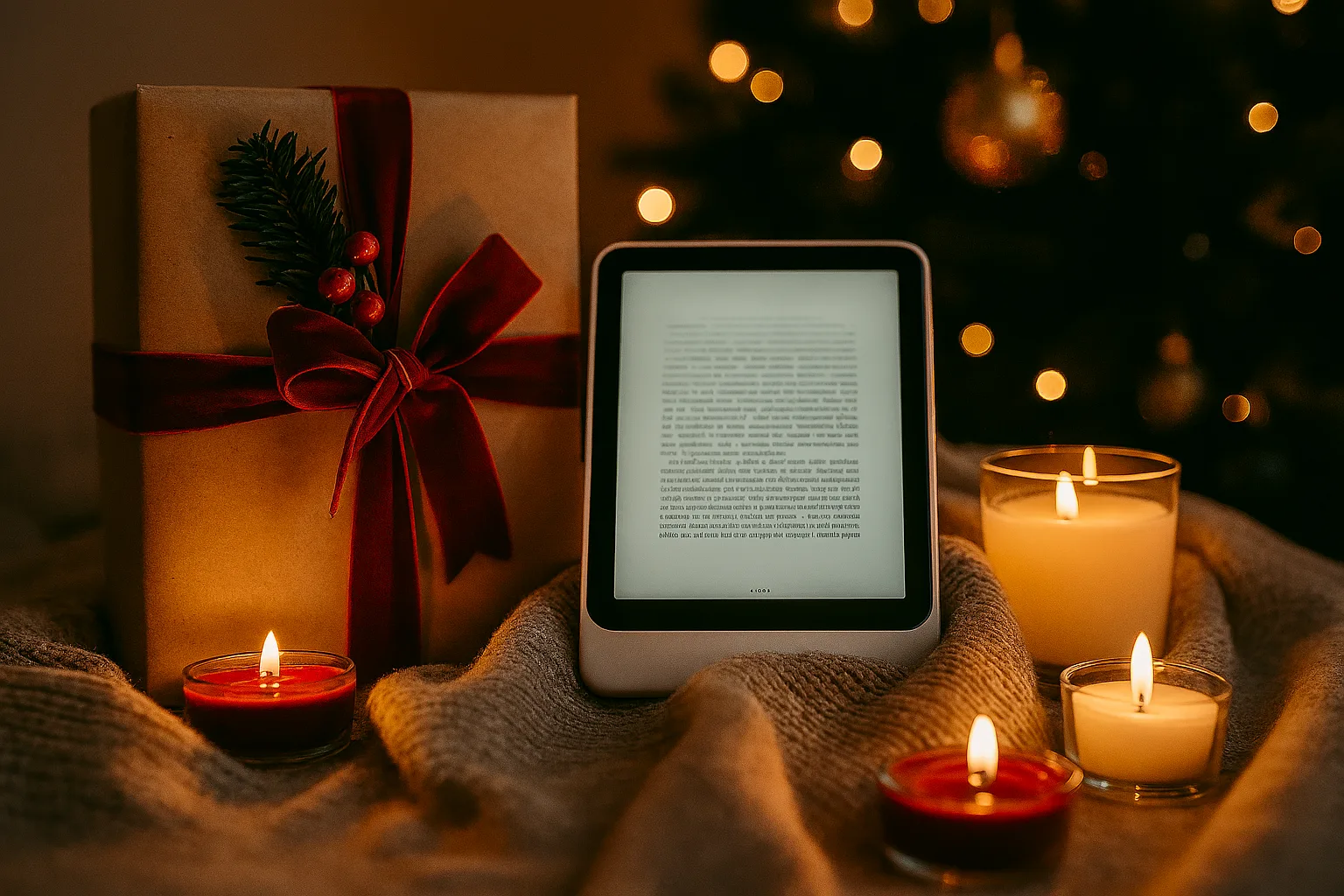 Gemütlicher Lesesessel mit einem Stapel Bücher, einer dampfenden Tasse Glühwein, warmem Kerzenlicht und einem festlich geschmückten Weihnachtsbaum im Hintergrund. Die Szene lädt zum Verweilen ein und macht richtig Lust, mehr über die besten Weihnachtsgeschenke für Bücherwürmer zu erfahren.
