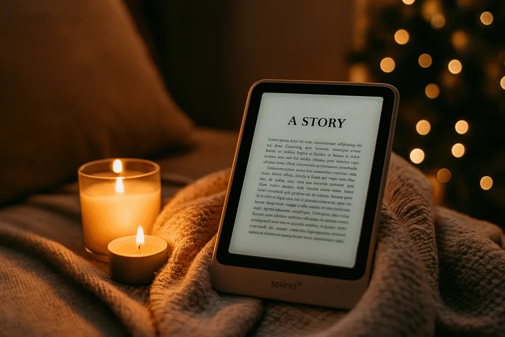 Tolino Vision Color E-Reader in einem stimmungsvollen Weihnachts-Setting: warme Kerzen, ein kuscheliges Plaid, ein dekorierter Weihnachtsbaum im Hintergrund und eine gemütliche Leseecke – perfekt, um Buchliebhaber in Festtagsstimmung zu bringen.